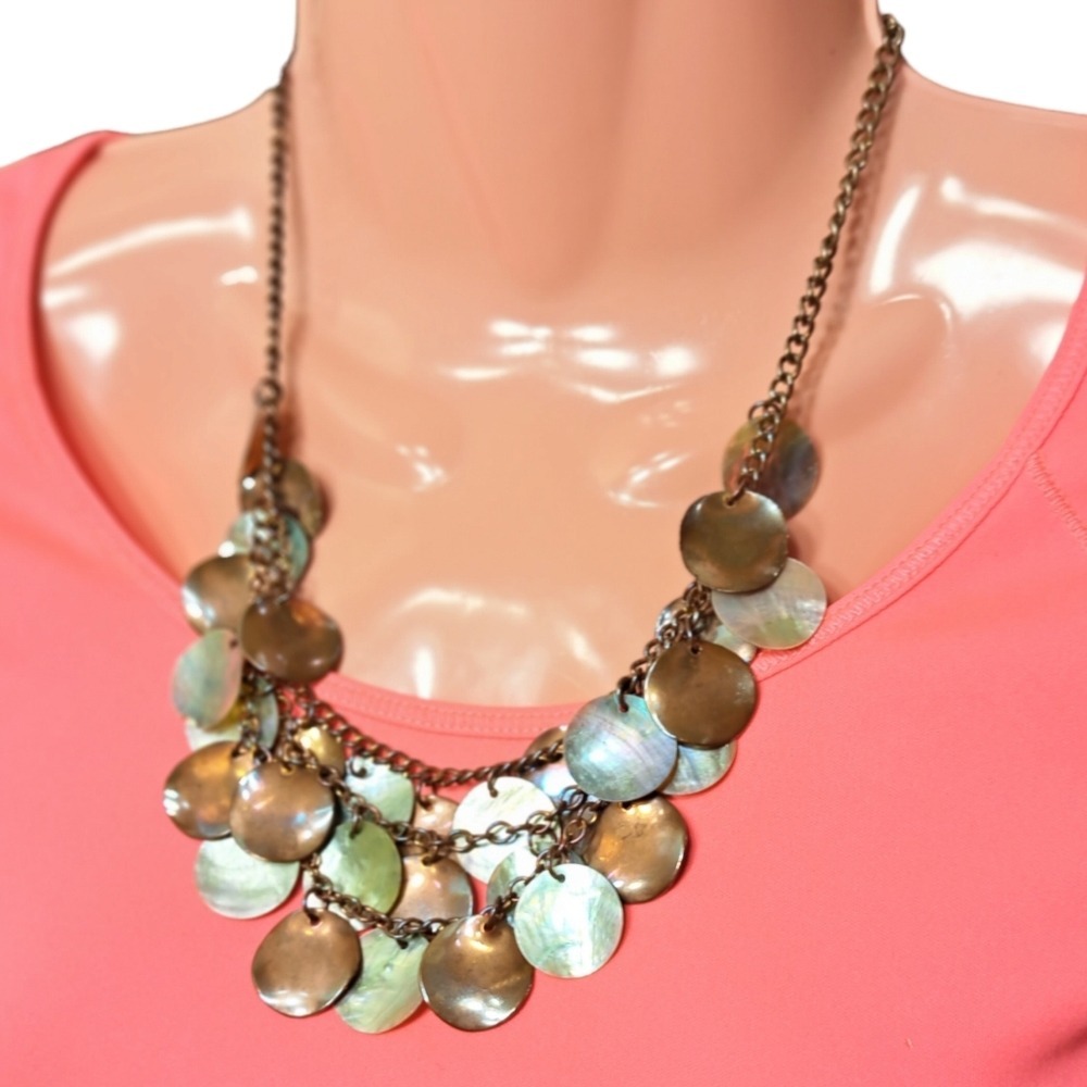 Women's Metal Mother of Faux Pearls Copper & Olive Green Necklace 10.5 I…